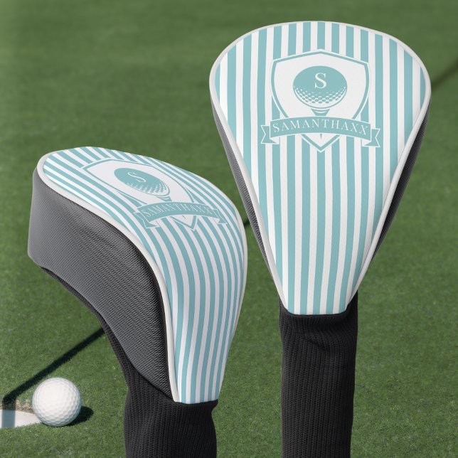 Gestreiftes Blau Grün Modern Name Initiale Monogra Golf Headcover (Striped Blue Green Modern Name Initial Monogram Golf Head Cover)