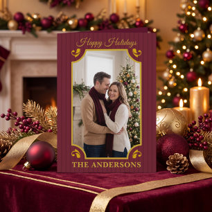 Gestreiftes Burgunder Merlot Gold Weihnachtsfoto Feiertagskarte