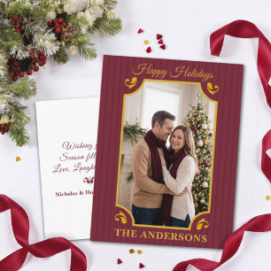 Gestreiftes Burgunder Merlot Gold Weihnachtsfoto Feiertagspostkarte