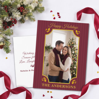 Gestreiftes Burgunder Merlot Gold Weihnachtsfoto Feiertagspostkarte