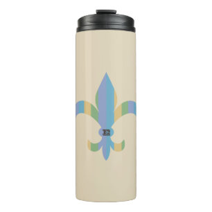 Gestreiftes Fleur de lis monogrammiert Thermosbecher