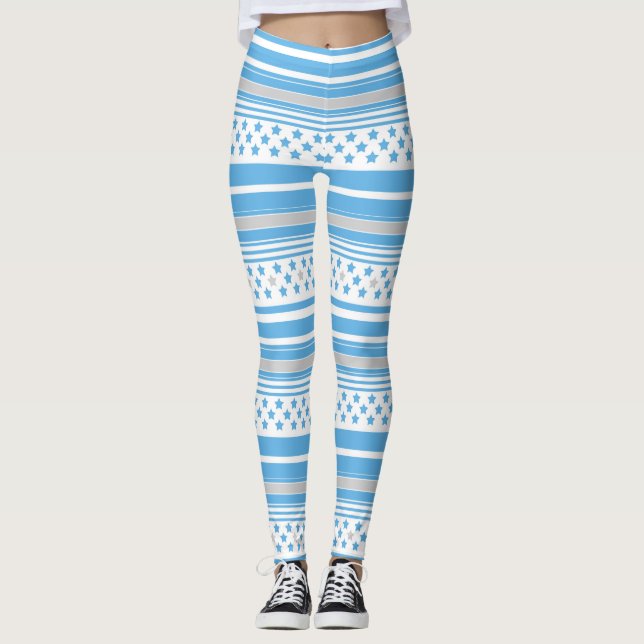 Gestreiftes Himmelblau-Muster mit Sternen Leggings (Vorderseite)