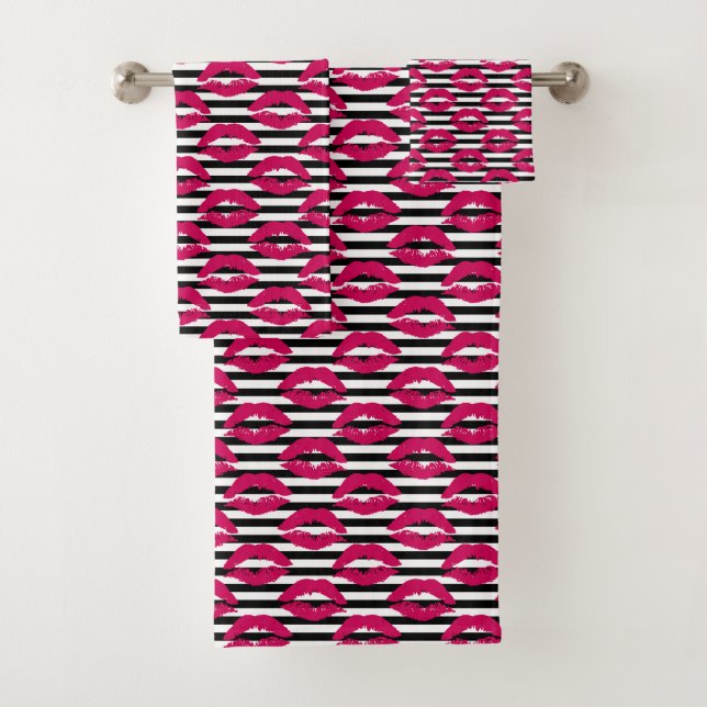 Gestreiftes Muster des Lippenstift-Kuss-B&W Badhandtuch Set (Insitu)
