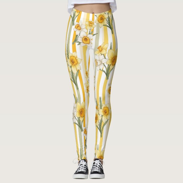 Gestreiftes Narzissen-Blumenmuster Leggings (Vorderseite)