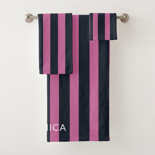 gestreiftes Rosa | individuelle Name Badhandtuch Set (Insitu)
