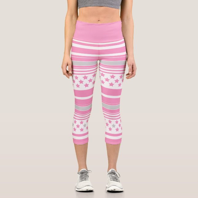 Gestreiftes rosa Muster mit Sternen Capri Leggings (Vorderseite)
