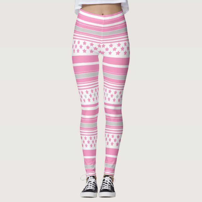 Gestreiftes rosa Muster mit Sternen Leggings (Vorderseite)
