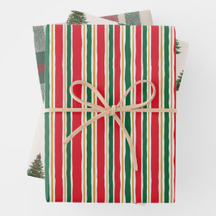 Gestreiftes Weihnachtspapier, Tannenbaum Geschenkpapier Set