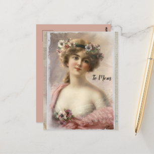 Gestresste viktorianische Frau mit Blumen auf Aqua Postkarte