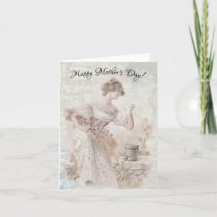 Gestresste Vintage-Frau beim Sammeln von Blumenkör Feiertagskarte