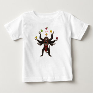 Gestresster mehrarmiger Affe jongliert Früchte in Baby T-shirt