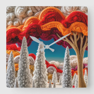 Gestrickte Fantasy-Wald-Kunstwand Quadratische Wanduhr