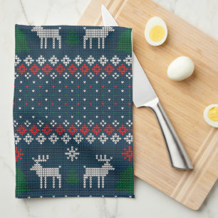 Gestrickte Weihnachtsfamilie mit Rentieren und Tan Geschirrtuch