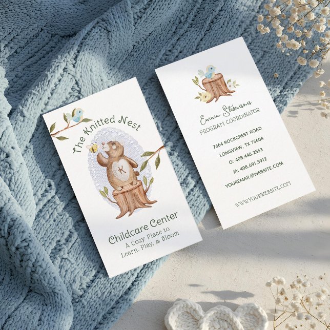 Gestrickter Wald Bär Spaß Kinderbetreuung Tagesstä Visitenkarte (Knitted Woodland Bear Fun Childcare Daycare Center Business Card)