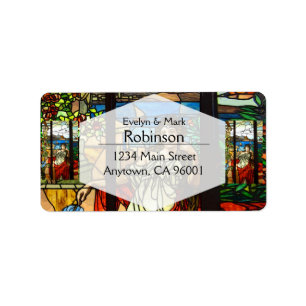 Gestricktes Glas mit sitzender Dame. Adressaufkleber