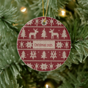 Gestricktes Pullover-Muster Klassisches Rot & Crem Keramik Ornament