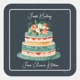 Gestufte Kuchen mit floraler Top-Bäckerei-Aufklebe Quadratischer Aufkleber