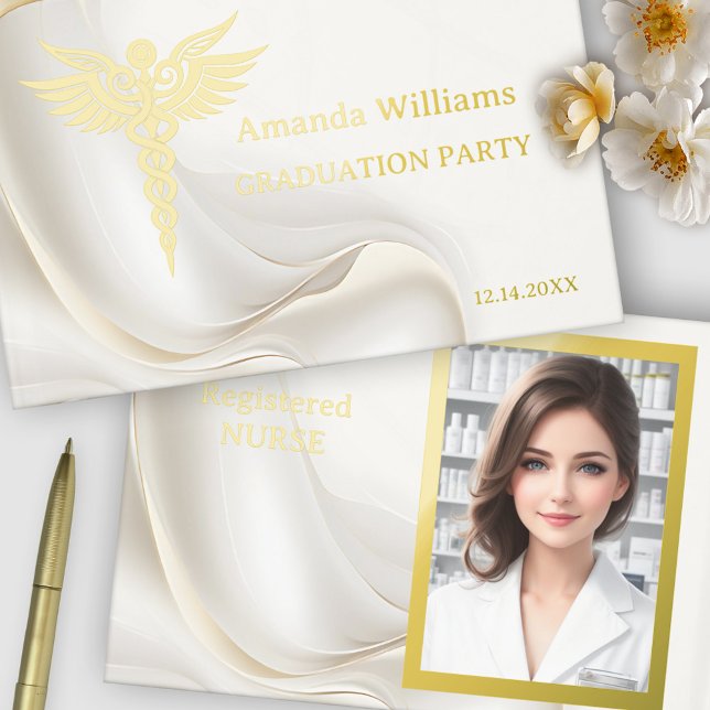 Gesundheit Beruflicher Abschluss Foto Gästebuch (Graduation guest book featuring a caduceus in real foil on an elegant ivory design with your photo)