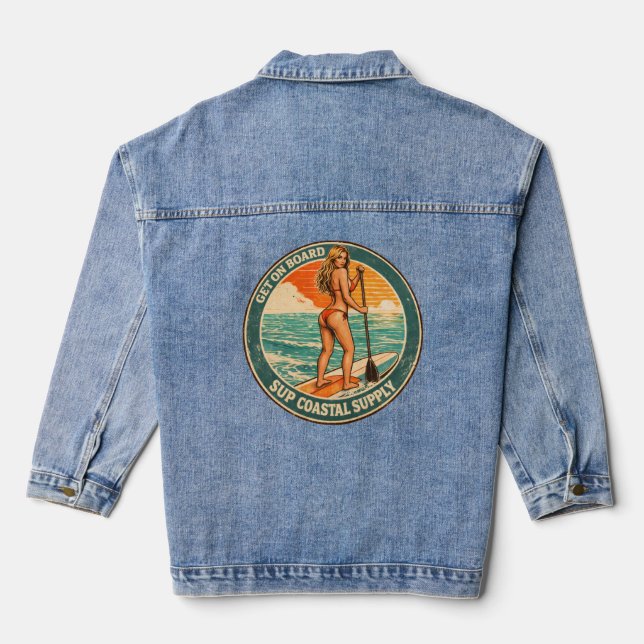 Get On Board SUP Pinup Paddleboard Retro Surf Shop Jeansjacke (Rückseite)