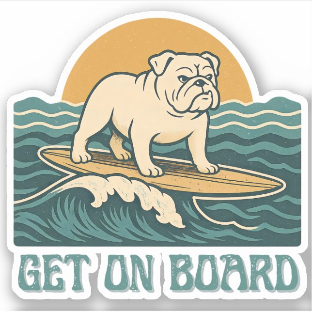 Get On Board Surfer Dog Retro Art -Bulldog Surfing Aufkleber (Vorderseite)