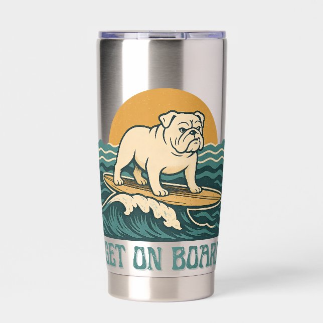 Get On Board Surfer Dog Retro Art -Bulldog Surfing Thermobecher (Vorderseite)