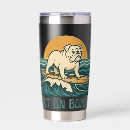 Get On Board Surfer Dog Retro Art -Bulldog Surfing Thermobecher