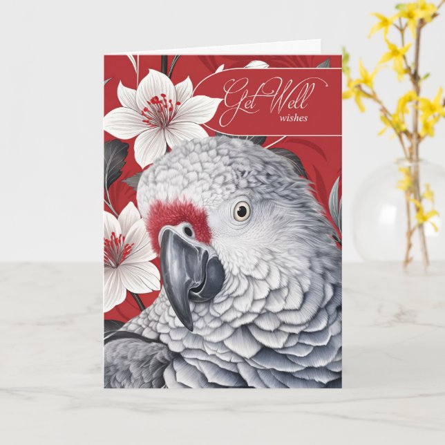 Get Well African Grey Parrot Red and White Lilies Karte (Gelbe Blume)