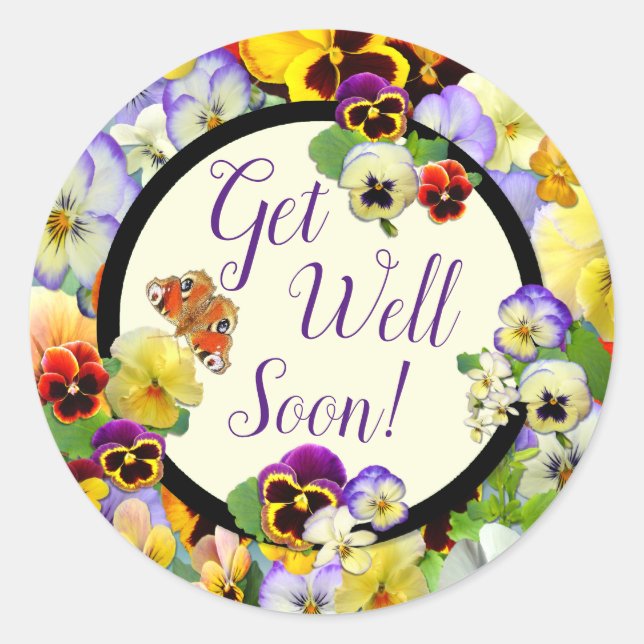 Get Well Pansy Design - Hinzufügen eines Textes Runder Aufkleber (Vorderseite)