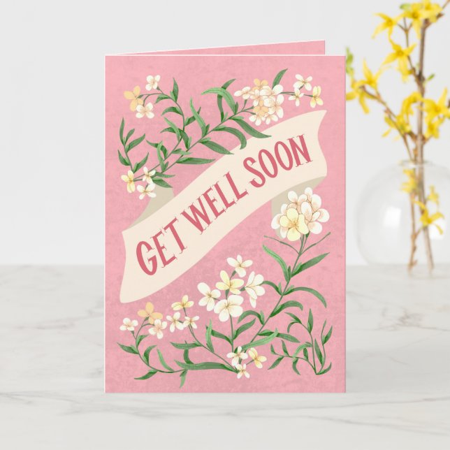 Get Well Soon Pink Soft Pastel Floral Banner Karte (Gelbe Blume)