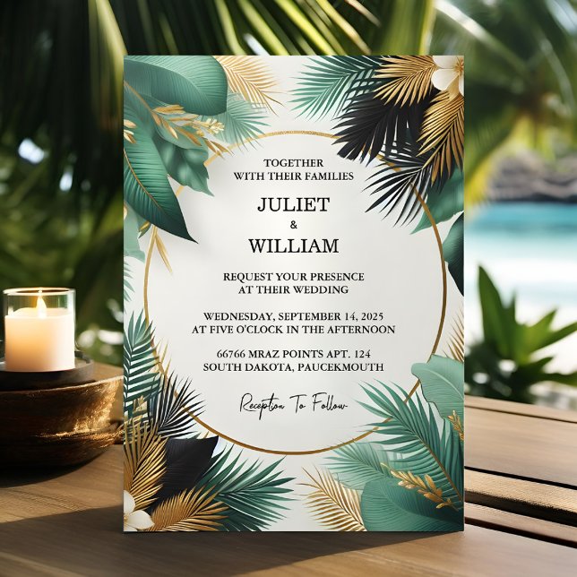 Get Wreath Palm Tree Beach Green And Gold Wedding Einladung (Von Creator hochgeladen)