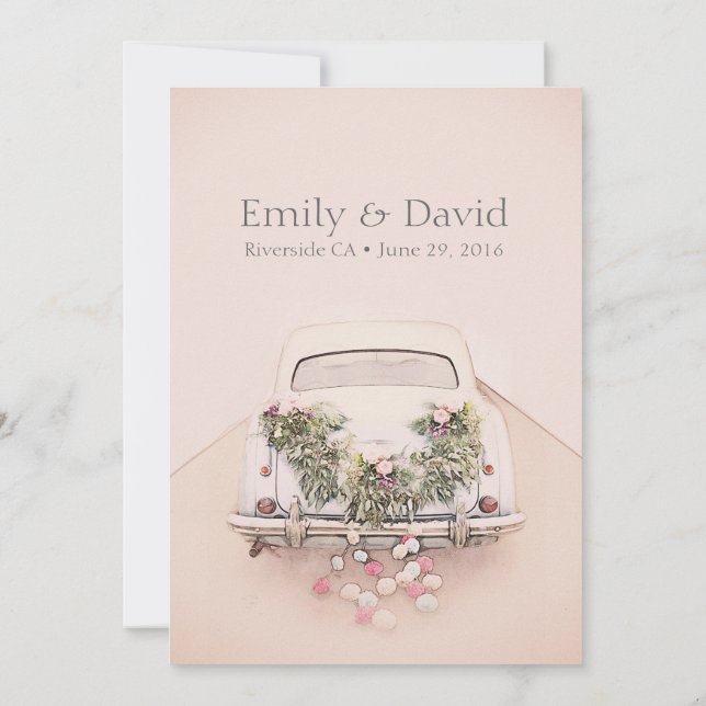 Getaway Car Wedding Romantic Blush Pink Einladung (Rückseite)