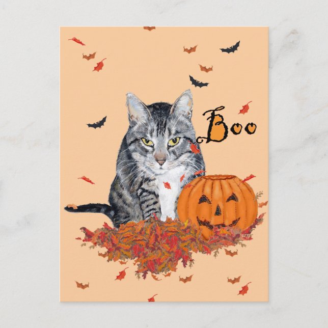 Getigert Halloween-Katze Postkarte (Vorderseite)