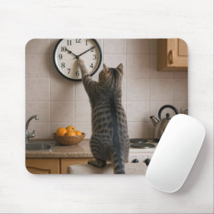 Getigert Katze ändert die Zeit an einer Küchenuhr Mousepad