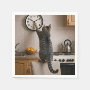 Getigert Katze ändert die Zeit auf einer Uhr Serviette