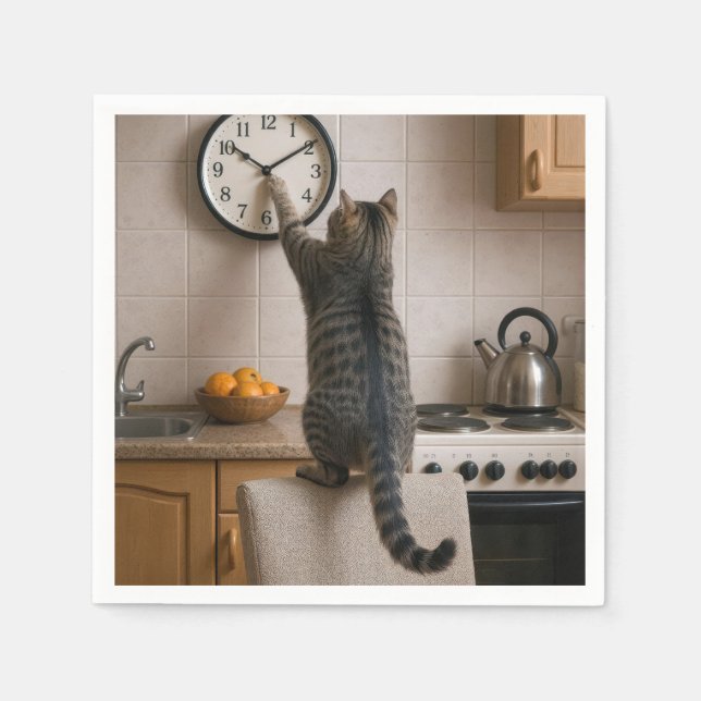 Getigert Katze ändert die Zeit auf einer Uhr Serviette (Vorderseite)