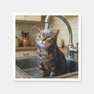 Getigert Katze unter einer Küchenarmatur Serviette