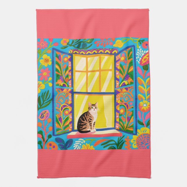 Getigerte Katze am sonnigen Fenster | Bunter Flora Geschirrtuch (Vertikal)