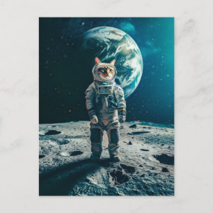Getigerte Katze auf dem Mond mit Erde im Hintergru Feiertagspostkarte