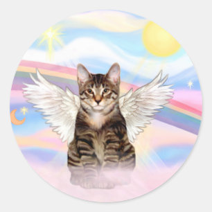 Getigerte Katze Engel in Wolken Runder Aufkleber