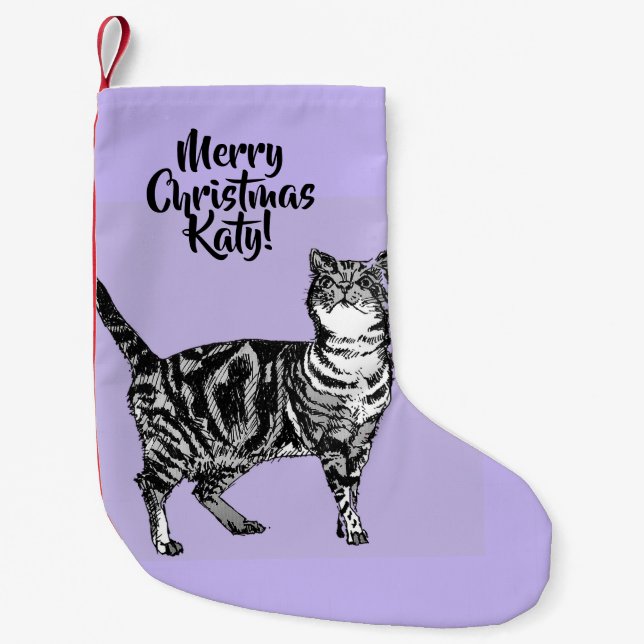 Getigerte Katze Frohe Weihnachten Lila Fliederstoc Kleiner Weihnachtsstrumpf (Vorderseite)