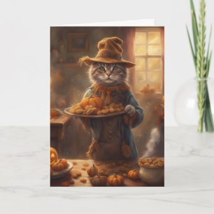 Getigerte Katze in einem Vogelscheuchen-Kostüm Hal Karte