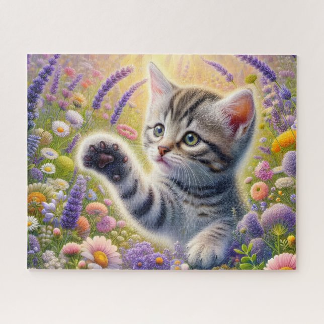 Getigerte Katze mit Blumen Puzzle (Horizontal)