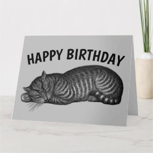 GETIGERTE KATZE SCHLÄFT, KUCHEN ESSEN, GEBURTSTAGS KARTE