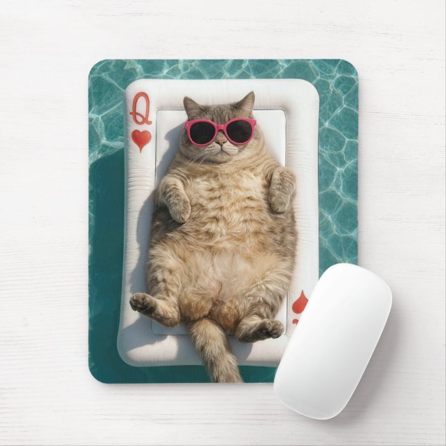 Getigerte Katze schwebt auf Queen of Hearts Pool F Mousepad (Mit Mouse)