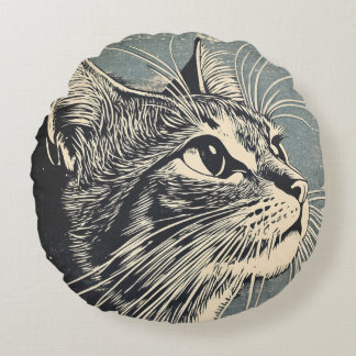 Getigerte Katze Vintage Lino Druck Rundes Kissen
