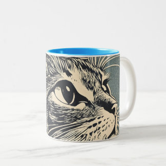 Getigerte Katze Vintage Lino Druck Zweifarbige Tasse