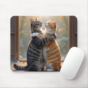 Getigerte Katzen umarmen sich in sonniger Türöffnu Mousepad
