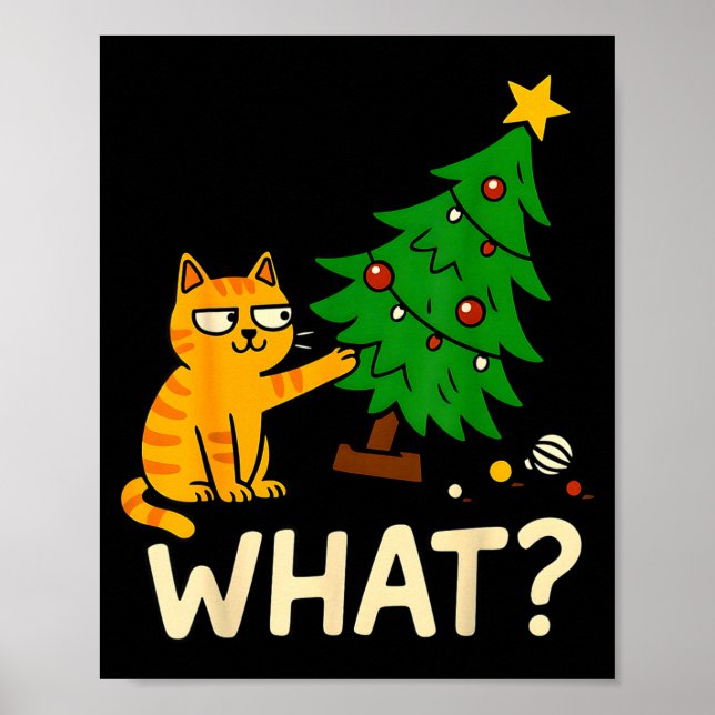 Getigerte Weihnachtskatze wirft Weihnachtsbaum um  Poster (Vorne)