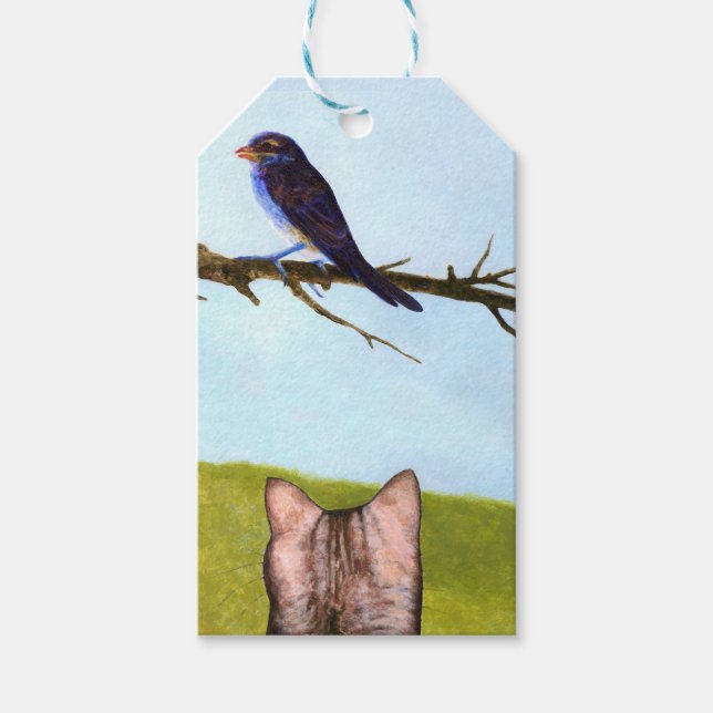 Getigerten Katzen sprechen mit Vögeln Geschenkanhänger (Vorderseite)