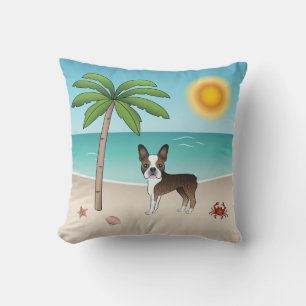 Getigerter Boston Terrier an einem tropischen Somm Kissen